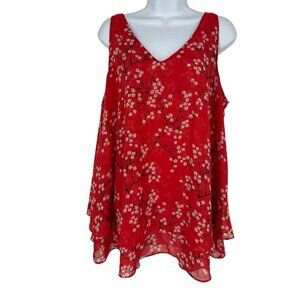 Lane Bryant Red Floral Sleeveless Layered V-Neck Chiffon Tank Top Size 16